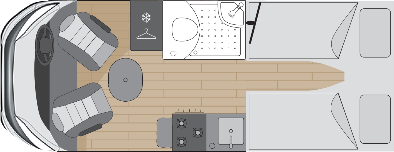 The sleeping layout of the COVE motorhome with two single beds.