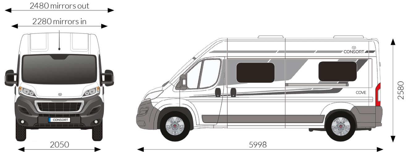 The vehicle dimensions of the COVE motorhome from Consort Motorhomes.