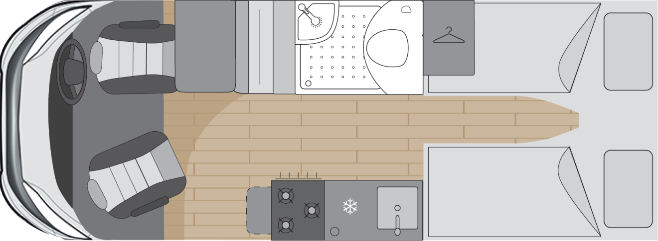 The sleeping layout of the DUET RL motorhome with two single beds.