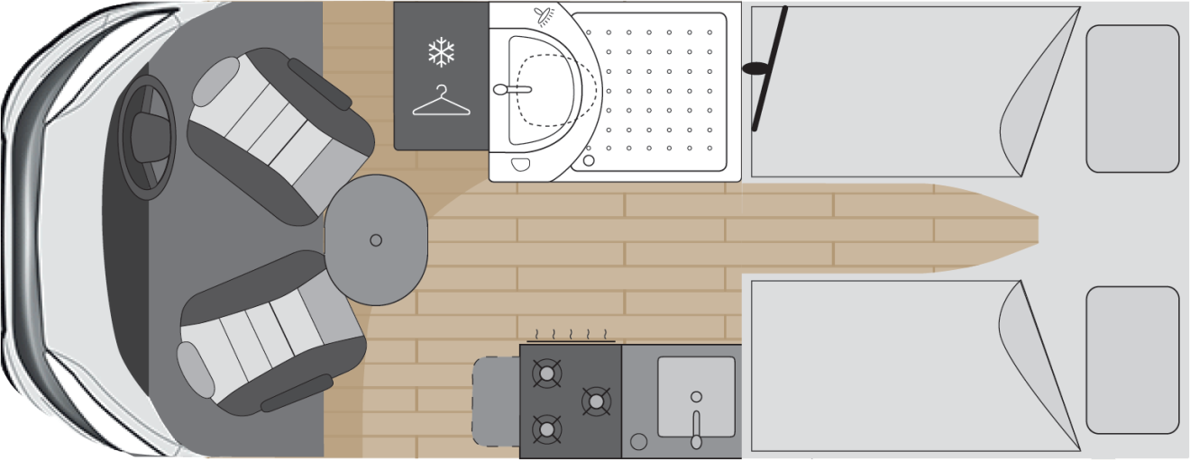 The sleeping layout of the PACE motorhome with two single beds.