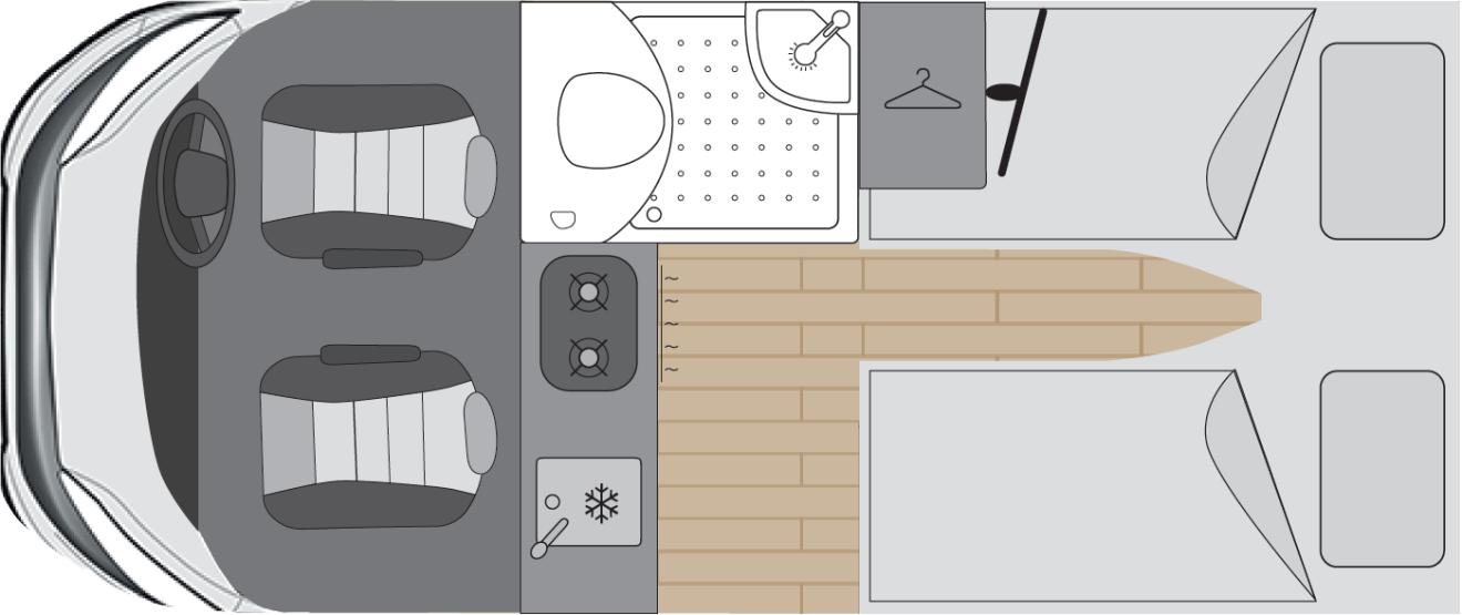 The rear lounge sleeping floorplan of the VIBE with single beds.