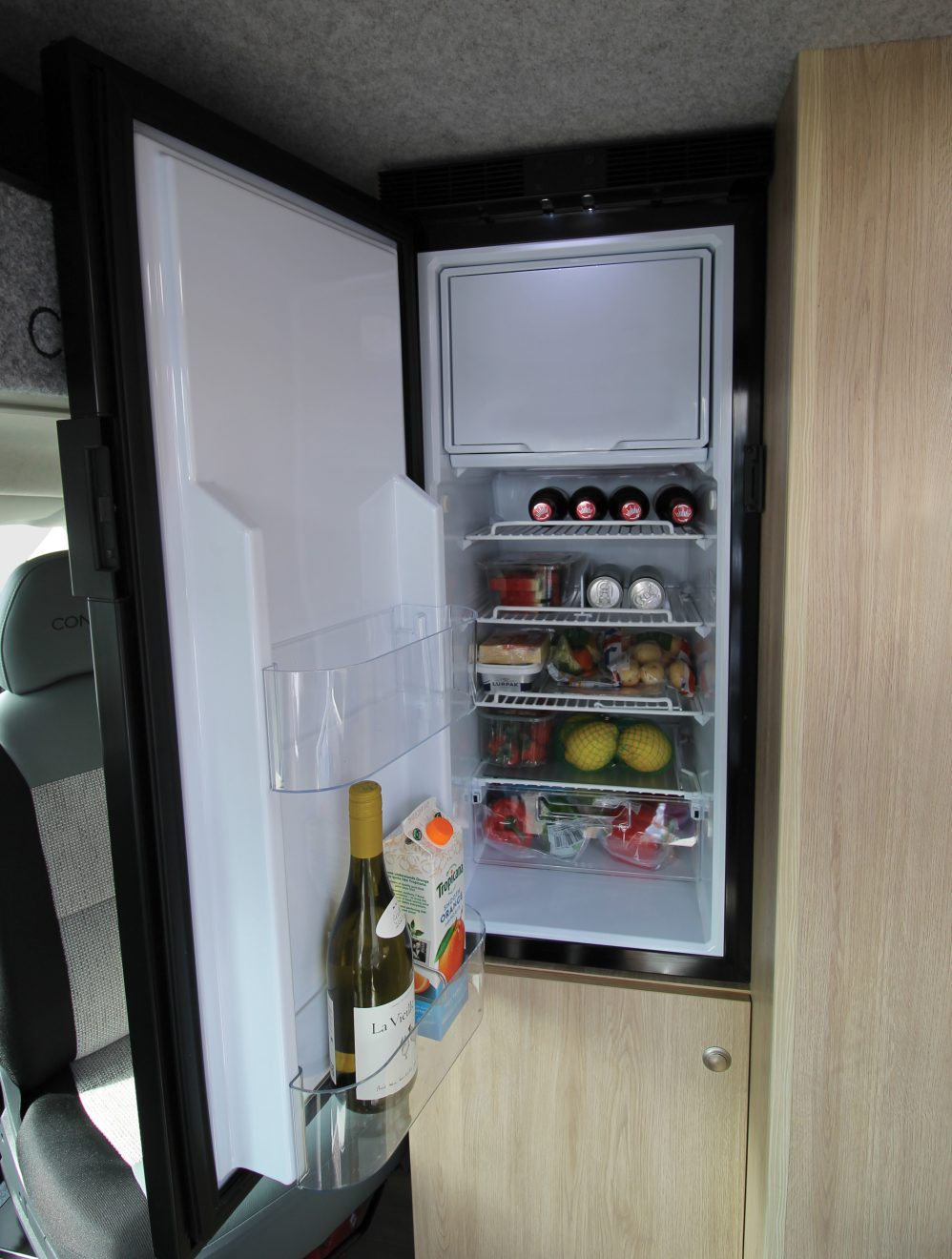 The large fridge/freezer on the COVE motorhome.
