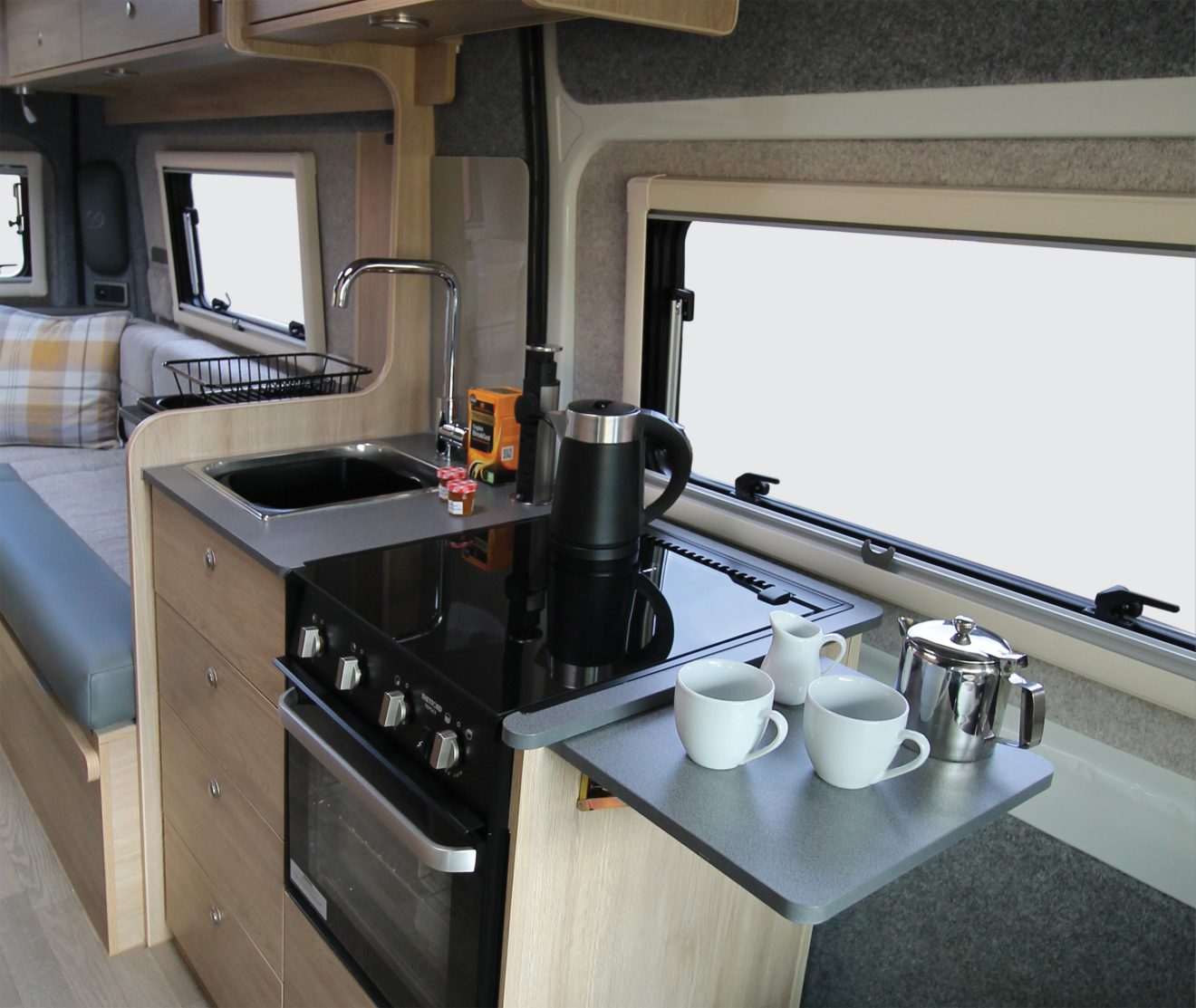 The kitchen work surface of the COVE van conversion.