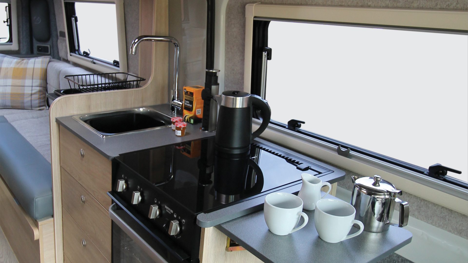 The kitchen work surface of the COVE van conversion.