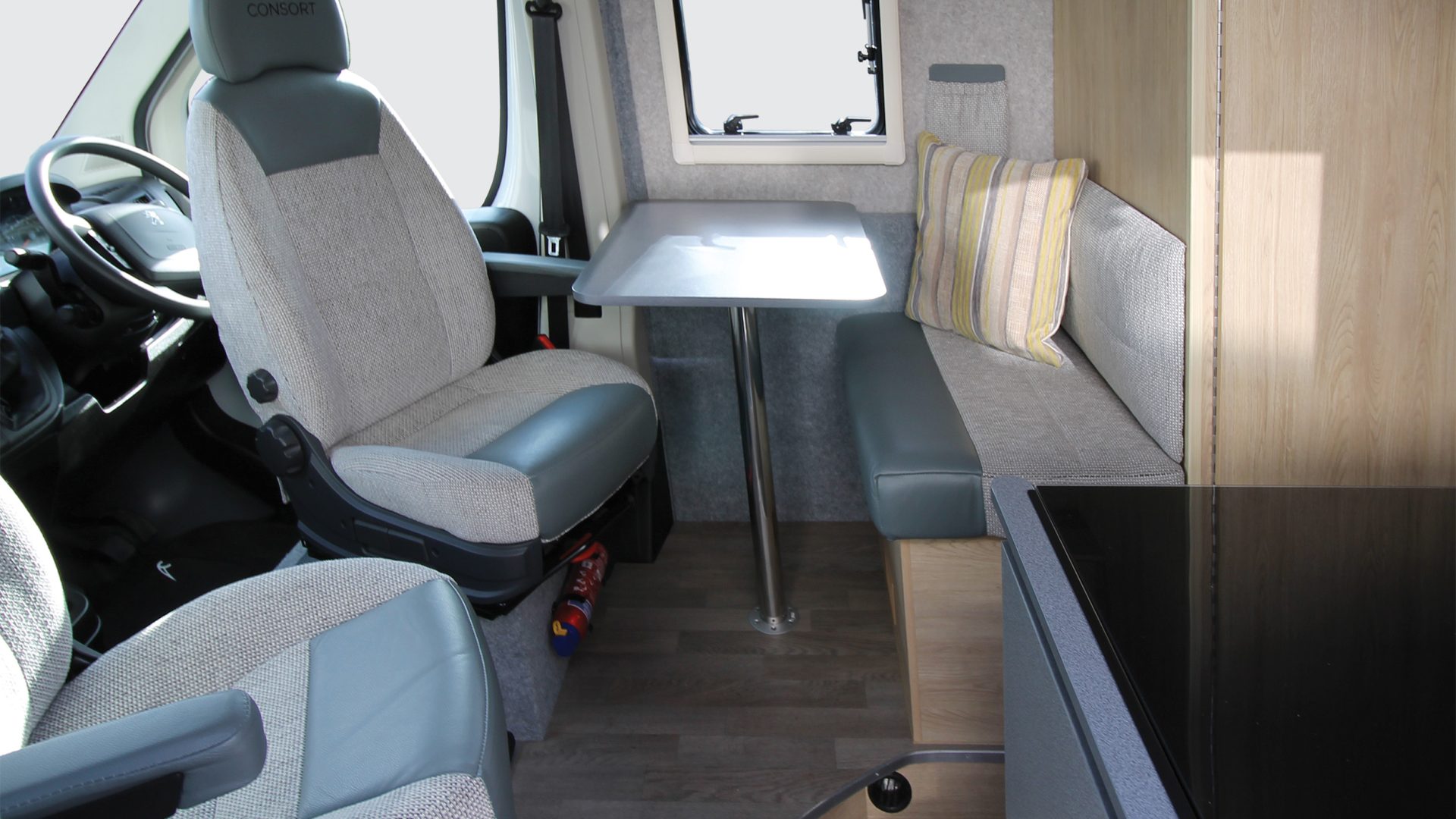 The dinette on the DUET motorhome.
