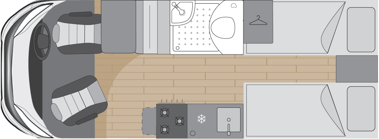 The fixed bed singles layout of the DUET motorhome.
