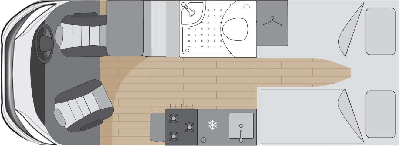 The sleeping layout of the DUET motorhome with two single beds.