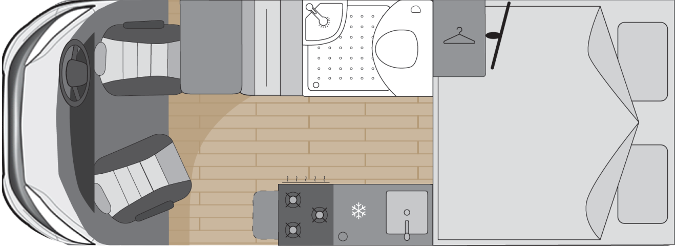 The sleeping layout of the DUET motorhome with a super king sized bed.