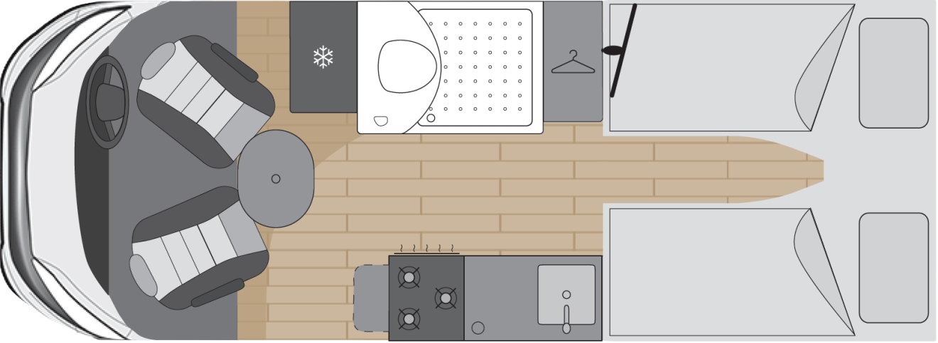 The sleeping floorplan of the OSLO with two single beds.