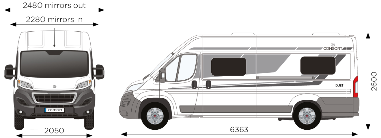The vehicle dimensions of the DUET motorhome from Consort Motorhomes.