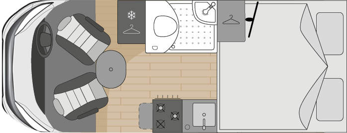 The sleeping layout of the PACE motorhome with a super king sized bed.