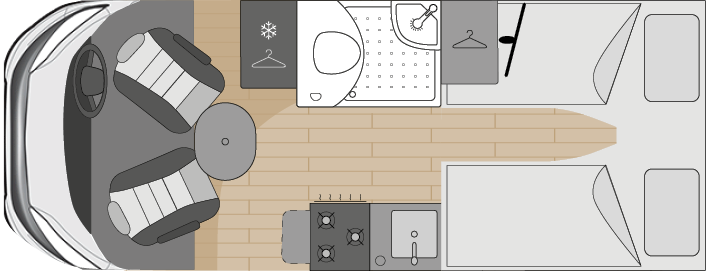 The sleeping layout of the PACE motorhome with two single beds.