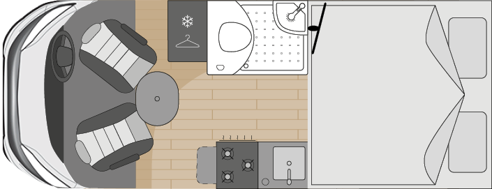 The sleeping layout of the REEF motorhome with a super king sized bed.
