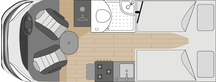 The sleeping layout of the REEF motorhome with two single beds.