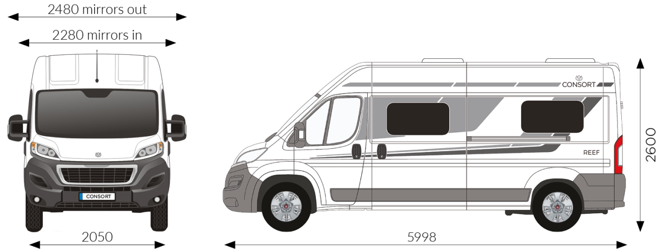 The vehicle dimensions of the REEF motorhome from Consort Motorhomes.