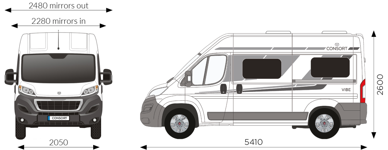 The vehicle dimensions of the VIBE motorhome from Consort Motorhomes.