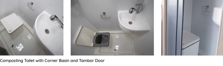 Composting toilet with corner basin and tambour door.