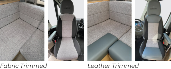 Consort Motorhomes upholstery options - fabric trimmed or leather trimmed.